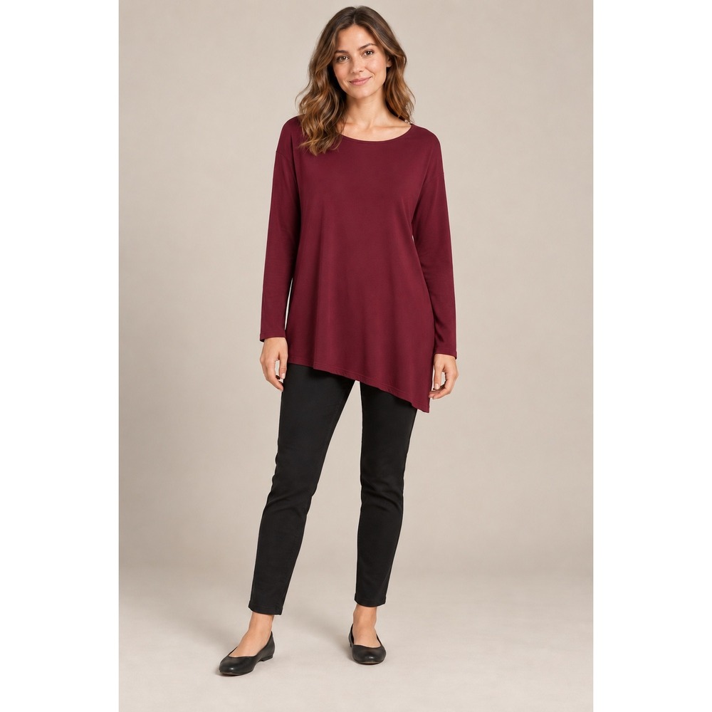 J. Jill Pure Jill Tunic Top L Burgundy Asymmetrical Luxe Tencel Long Sleeve